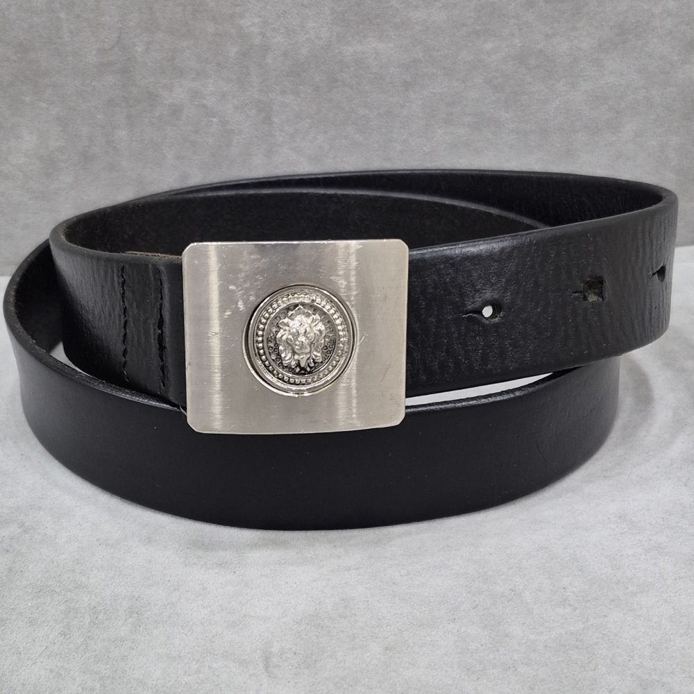 Code Azure belt men's 38 black leather silver lion head square buckle